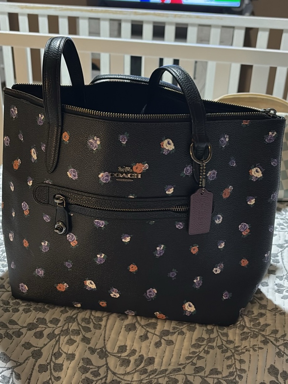 Coach Black Floral Tote with Purple Tag - Picture 2 of 2